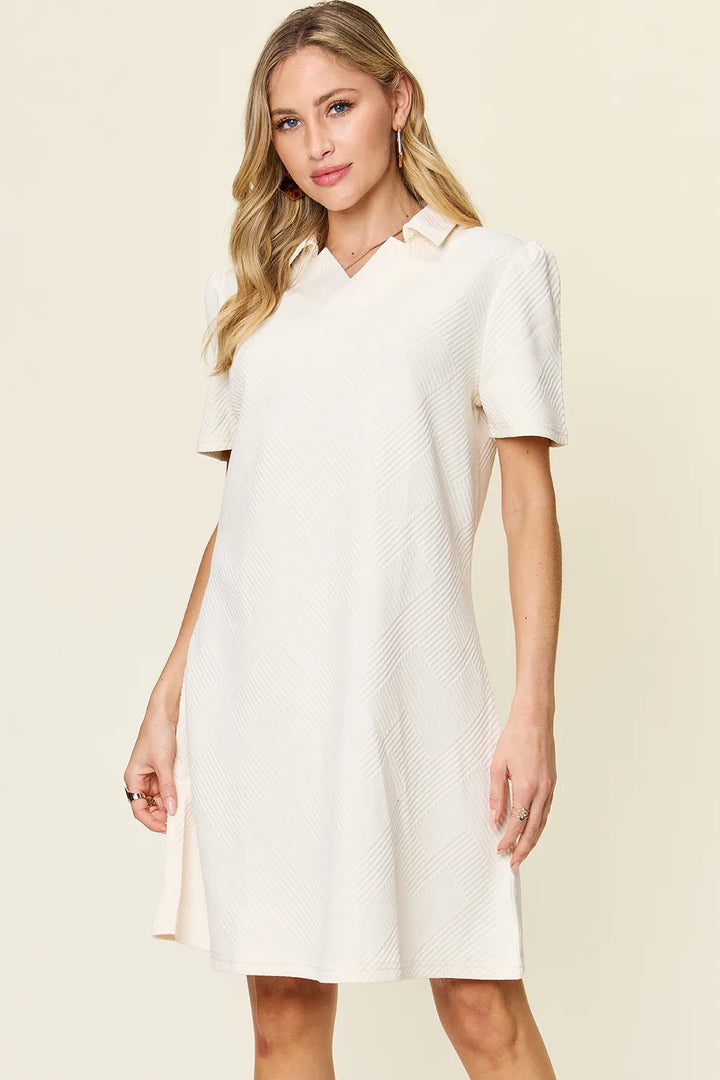 White Double Take Full Size Texture Collared Neck Short Sleeve Dress
