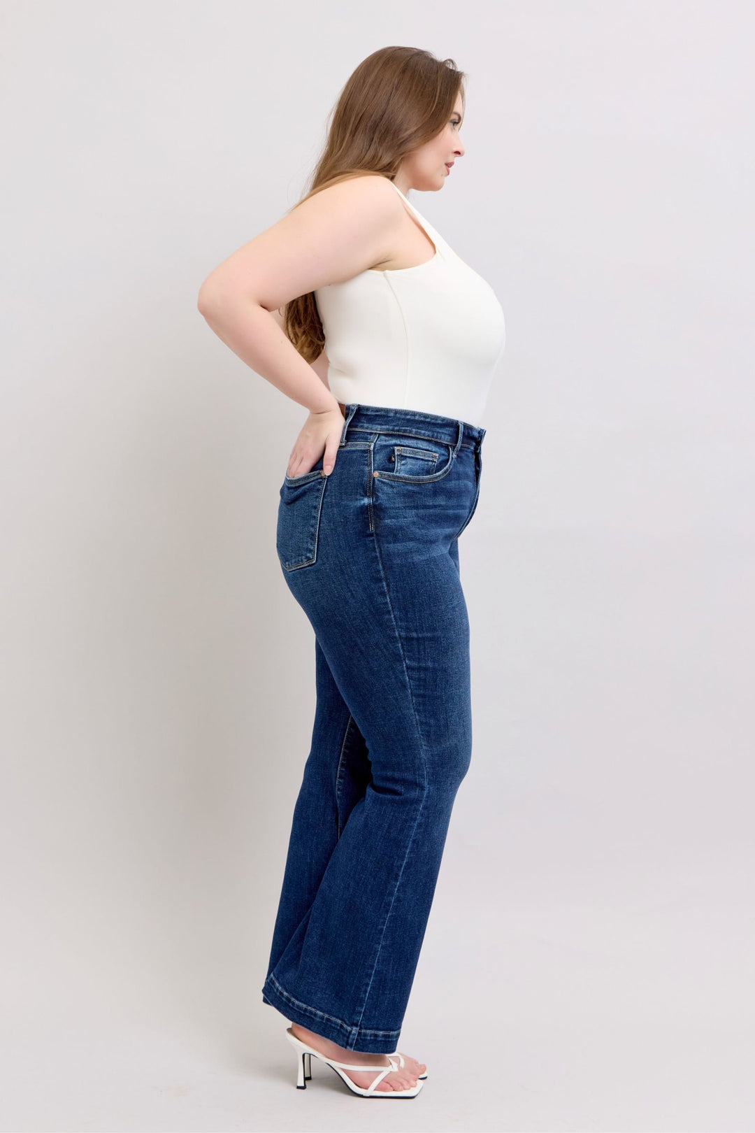 Dark Judy Blue Full Size High Rise Flare Jeans With Pockets Plus Size