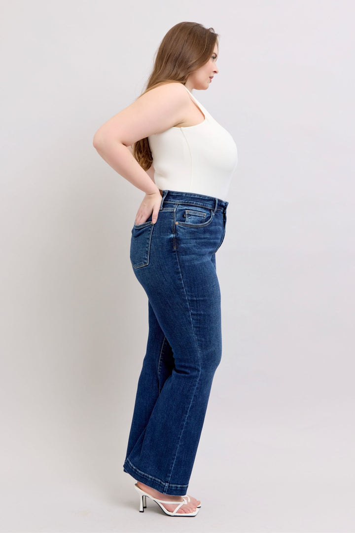 Dark Judy Blue Full Size High Rise Flare Jeans With Pockets Plus Size