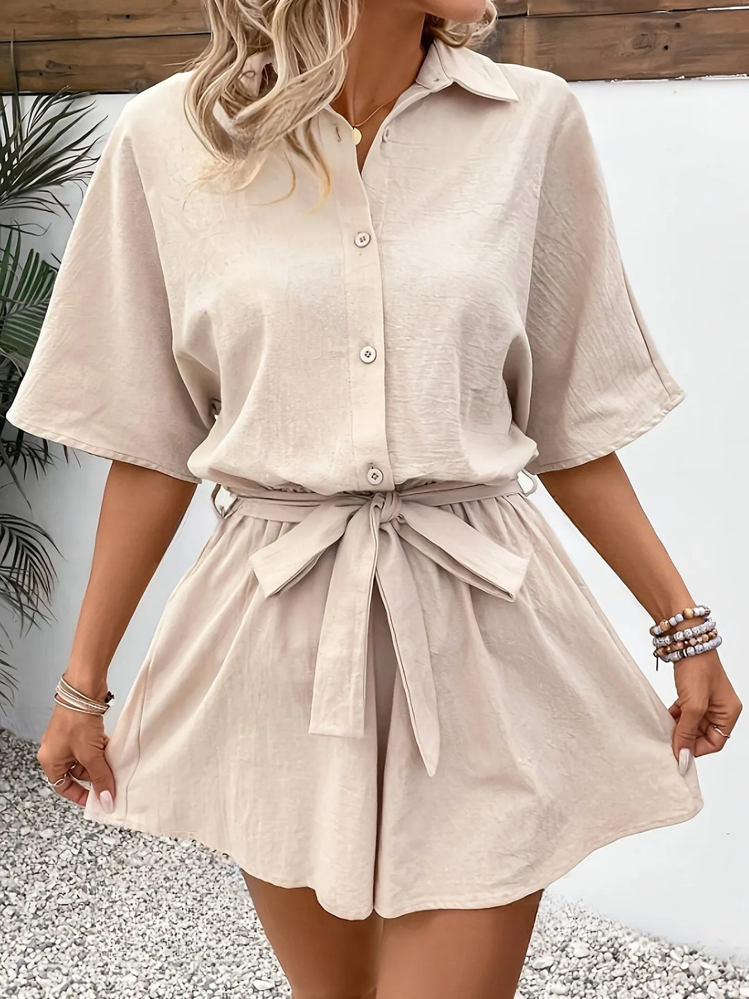 Khaki Button Front Tie Waist Romper