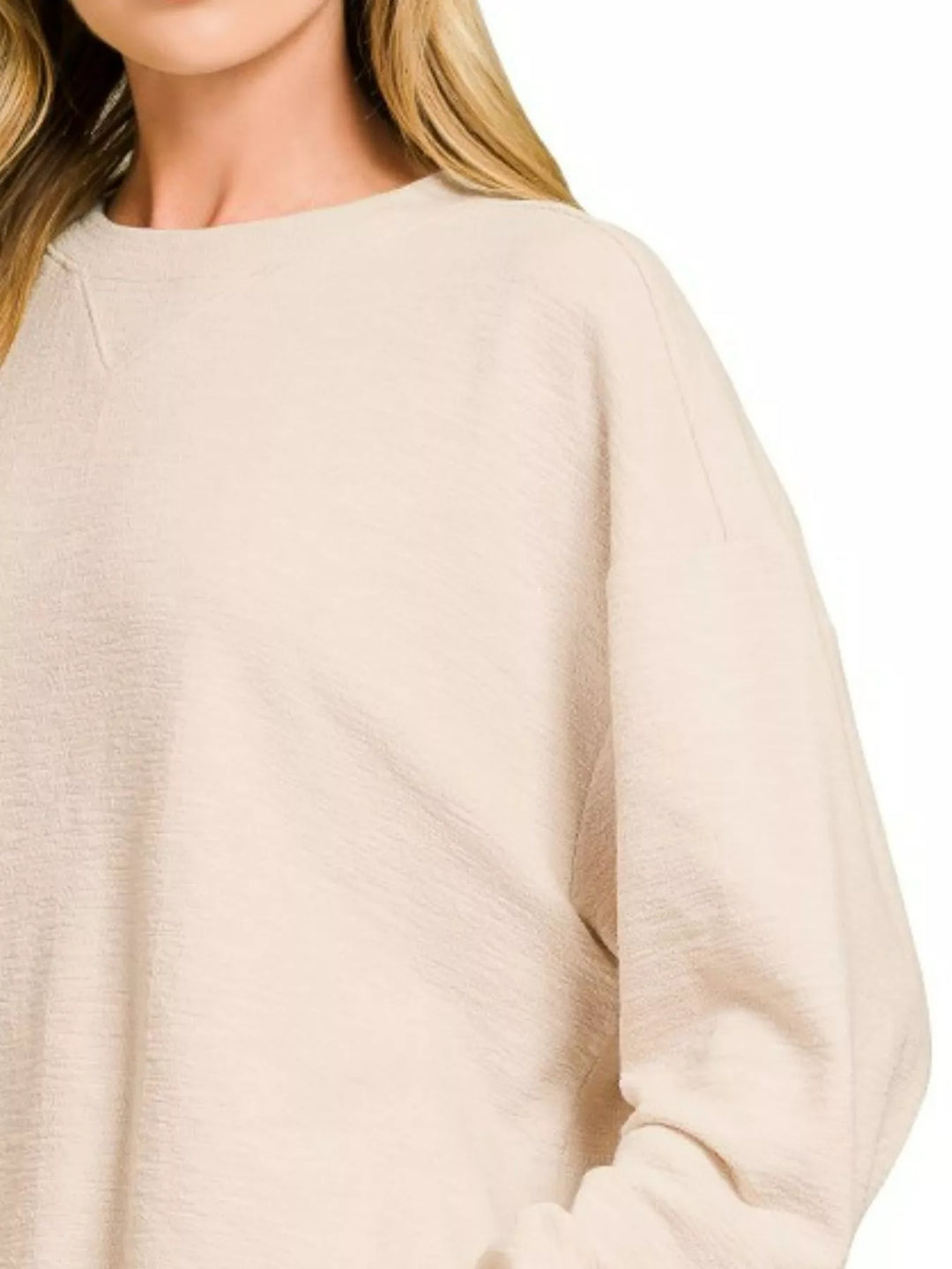 Sand Beige Zenana Slub Long Sleeve Top And Shorts Set 1