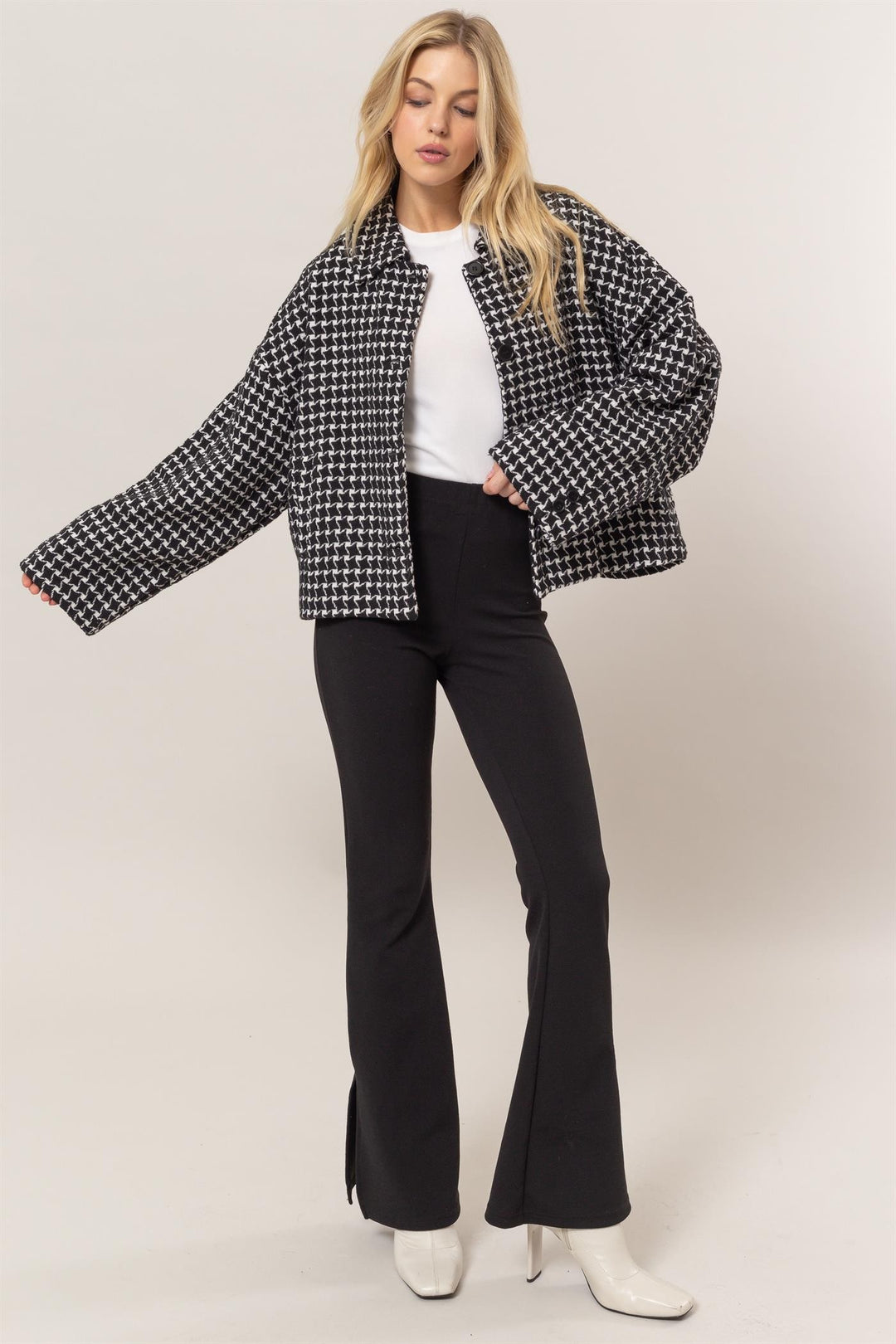 Hyfve Tweed Plaid Button Up Collared Neck Jacket