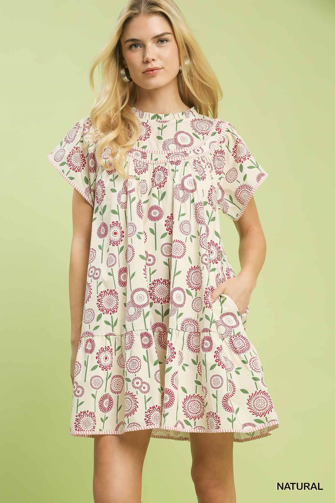 Natural Umgee Floral Print Tiered Babydoll Dress