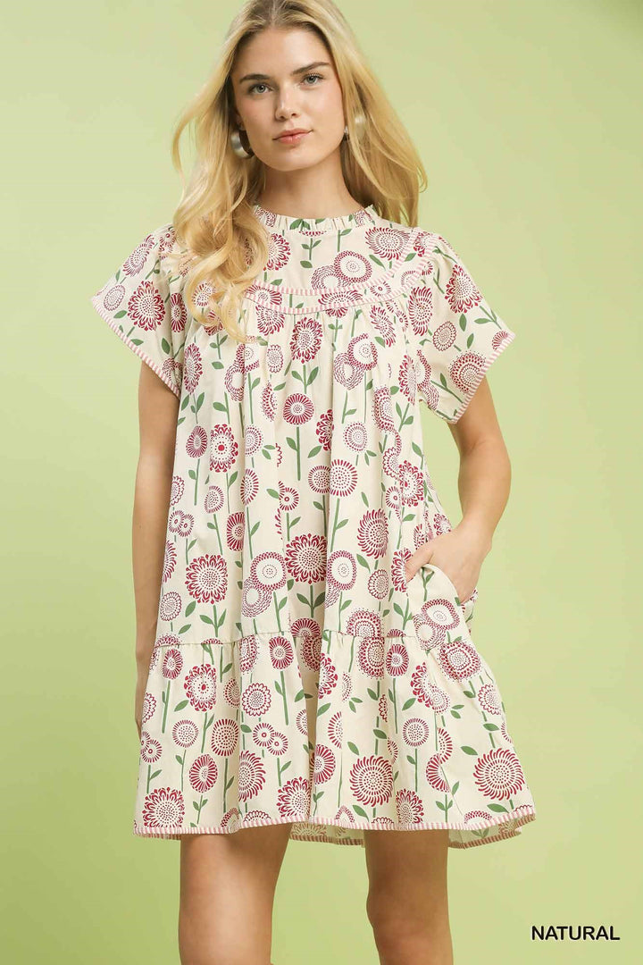 Natural Umgee Floral Print Tiered Babydoll Dress