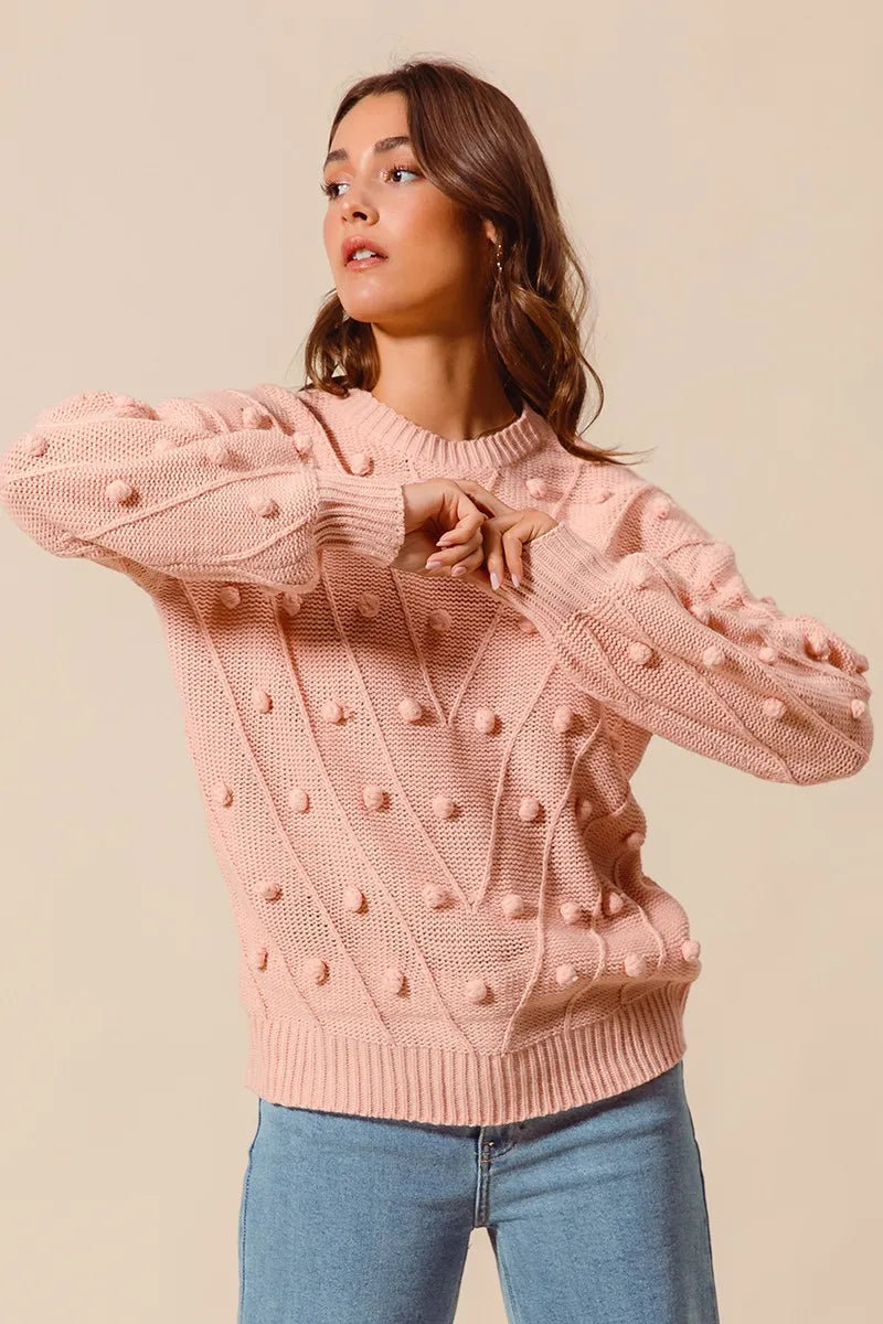 Blush So Me Pom Pom Textured Knit Sweater Top