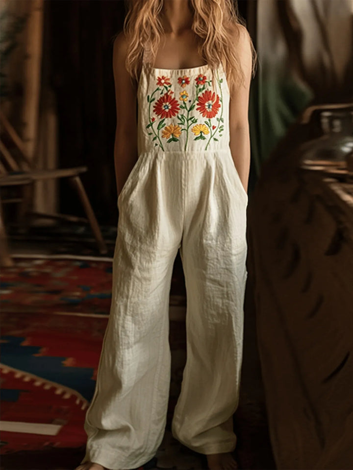 Tan Floral Embroidered Wide Leg Jumpsuit