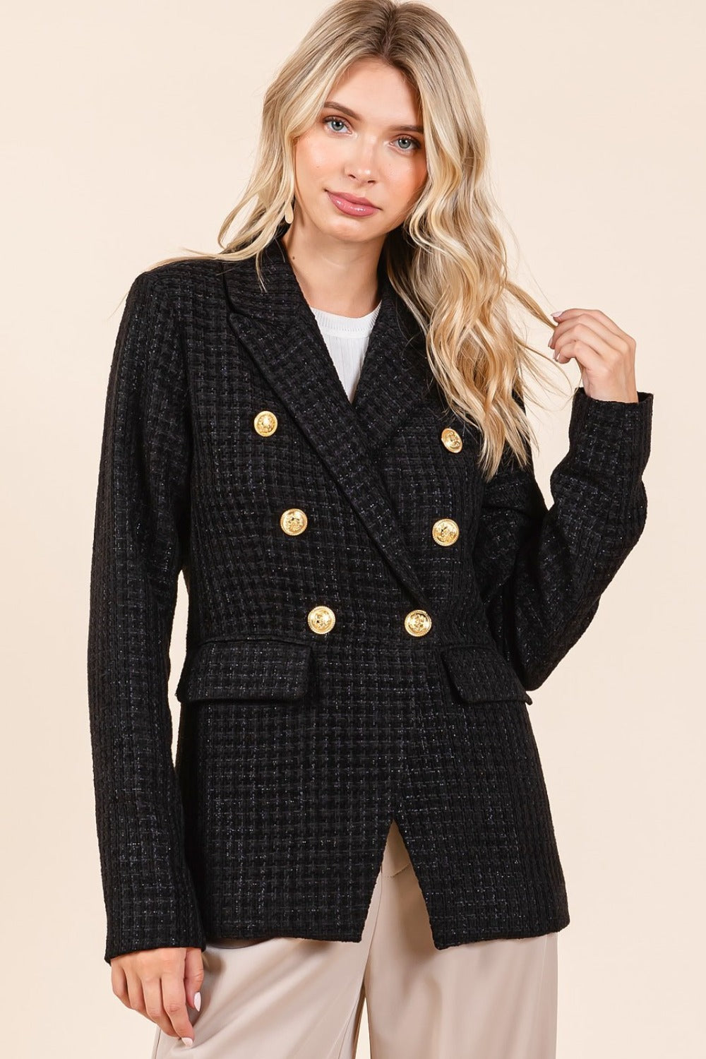 Mittoshop Plaid Texture Double Breasted Long Sleeve Blazer