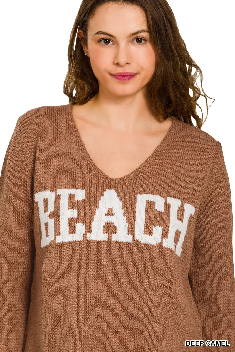 Deep Camel Zenana Beach V Neck Sweater 1