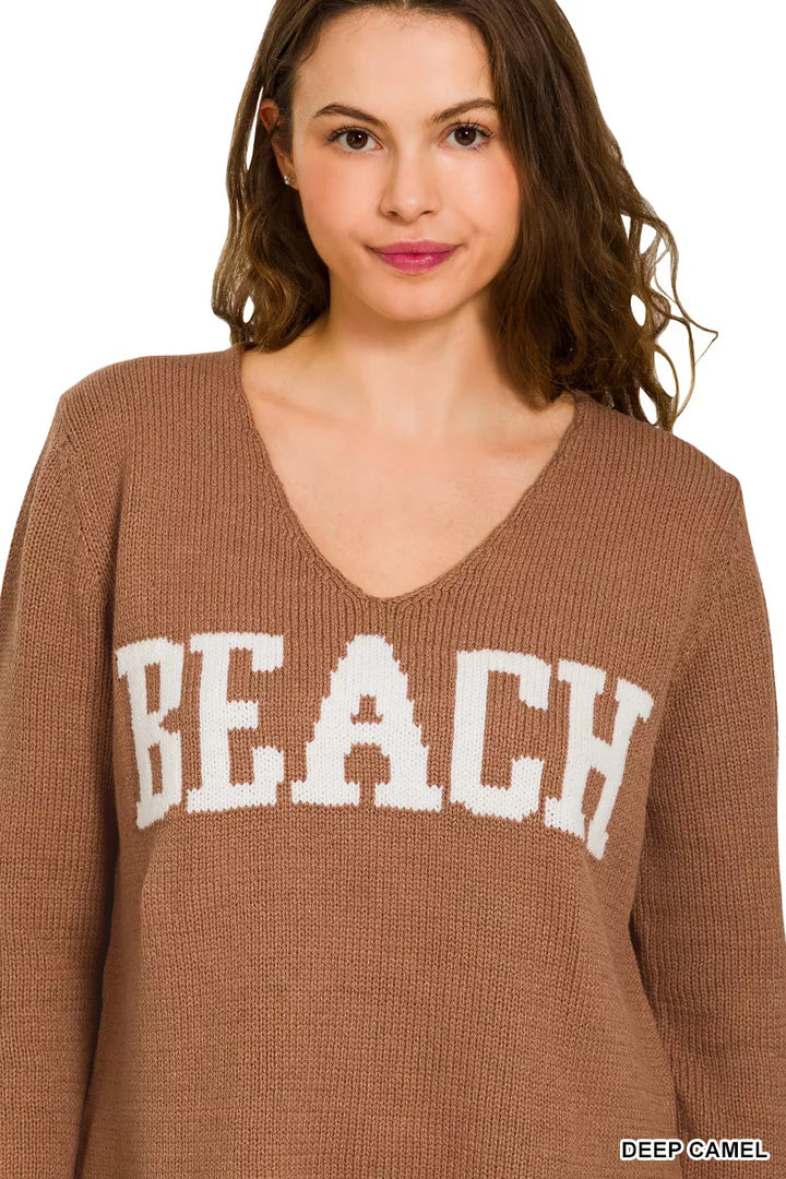 Deep Camel Zenana Beach V Neck Sweater 1