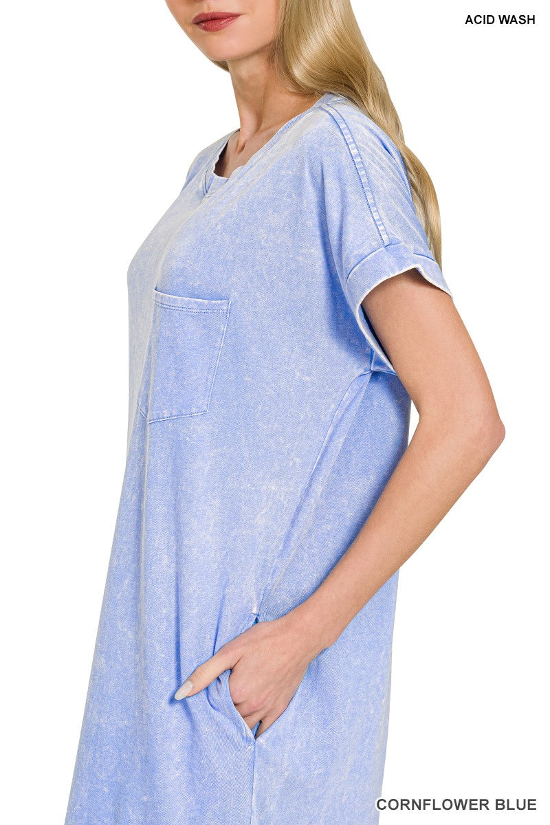 Cornflower Blue Zenana Washed Exposed Seam Short Sleeve T Shirt Dress