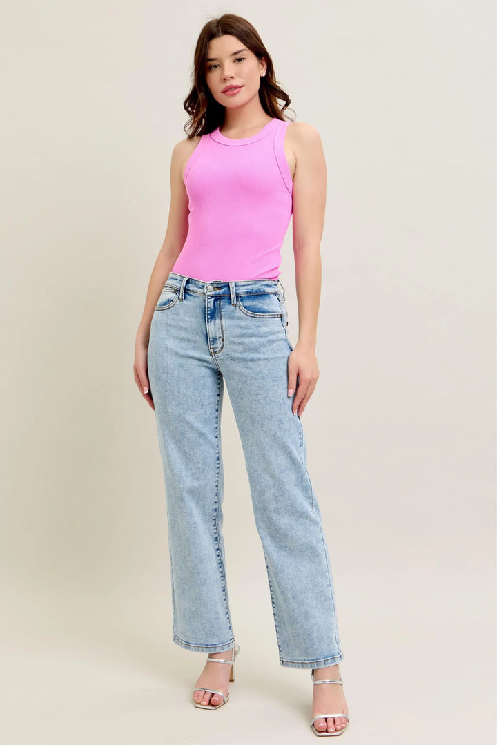 Light Judy Blue Full Size High Waist Stone Wash Straight Jeans Plus Size
