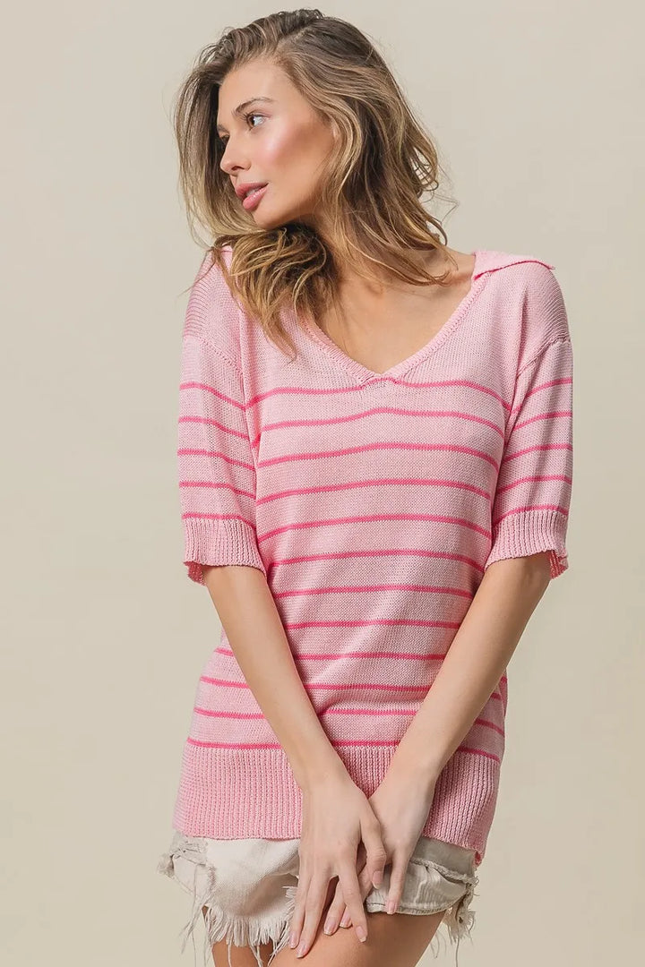 Lt Pink/Hot Pink Bibi Stripe Short Sleeves Collared V Neck Top