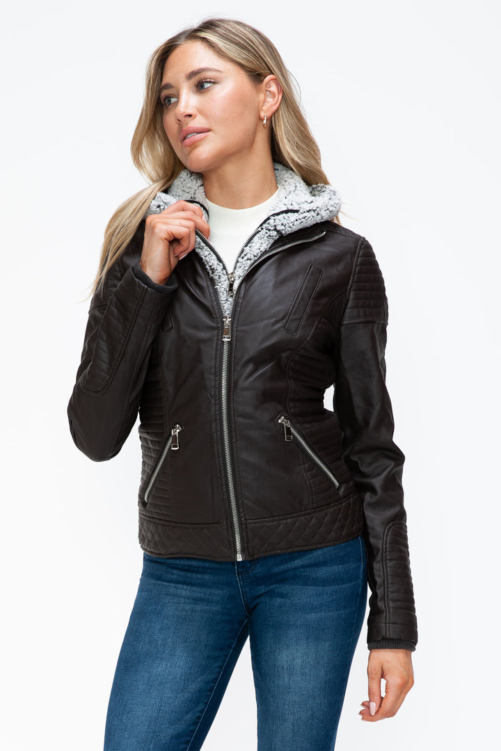 Ymi Faux Layered Double Zipper Jacket With Fuzzy Hood