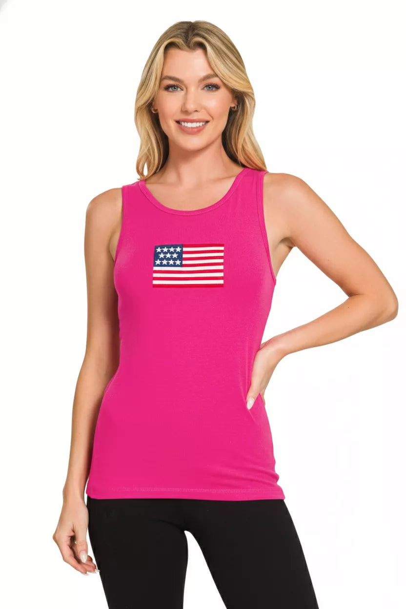 Hot Pink Zenana Double Scoop American Flag Embroidered Tank Top 3