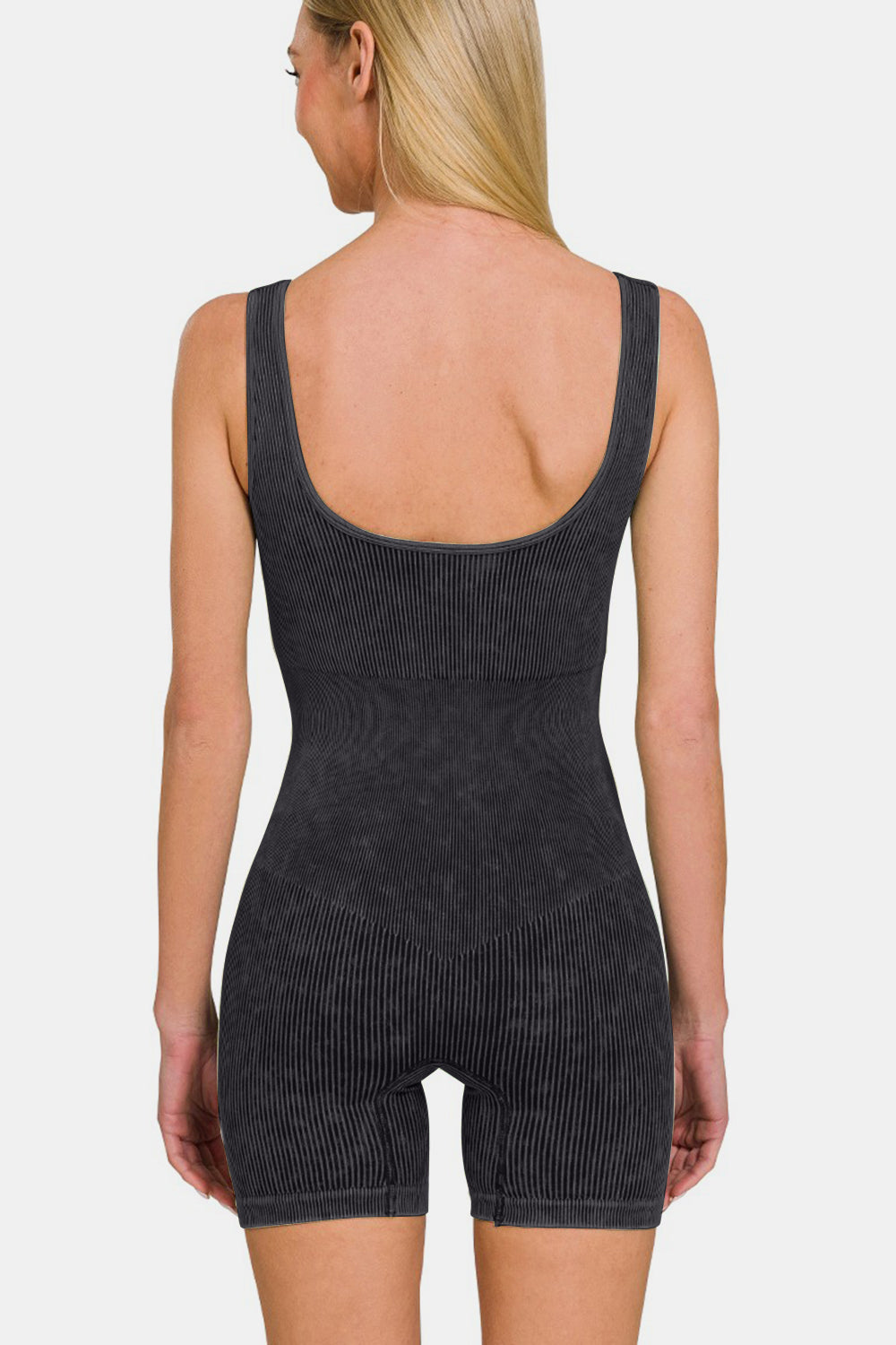 Black Zenana Washed Ribbed Romper With Pad