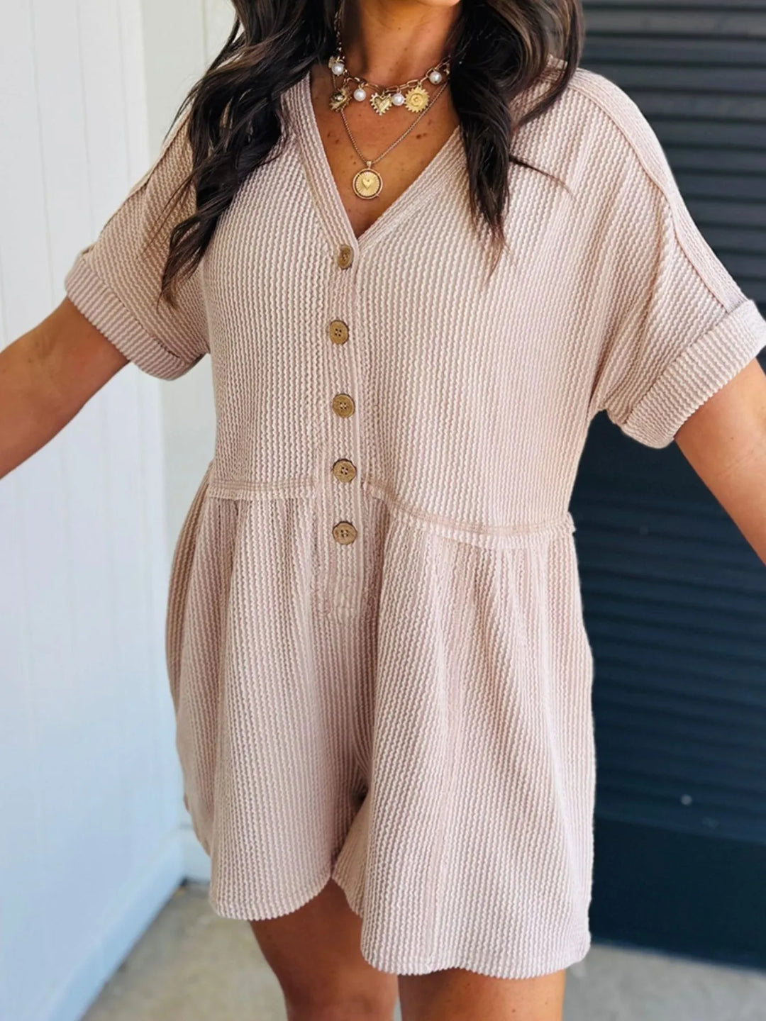 Beige Casual Button Front Ribbed Romper