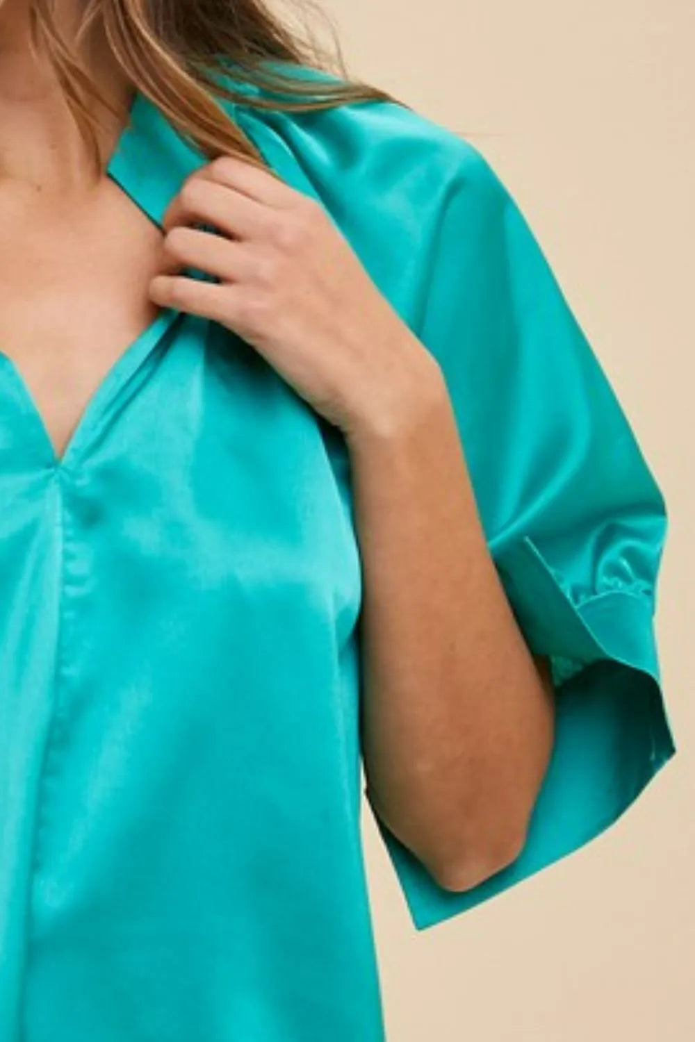 Emerald Annie Wear Satin V Neck Open Short Sleeve Woven Blouse Top 3