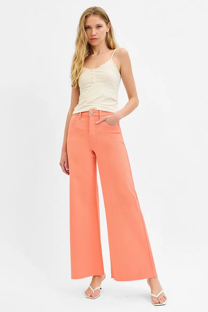 Coral Peach Risen Full Size Tummy Control High Rise Wide Leg Palazzo Jeans Plus Size