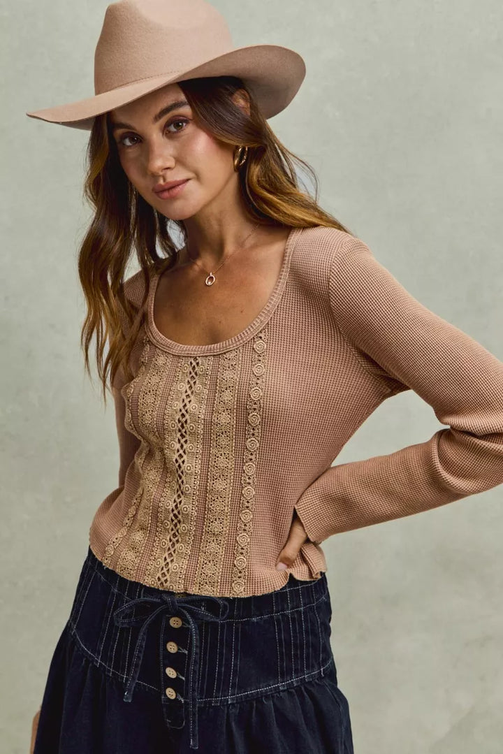 Latte So Me Vintage Washed Lace Crop Thermal Washed Knit Top