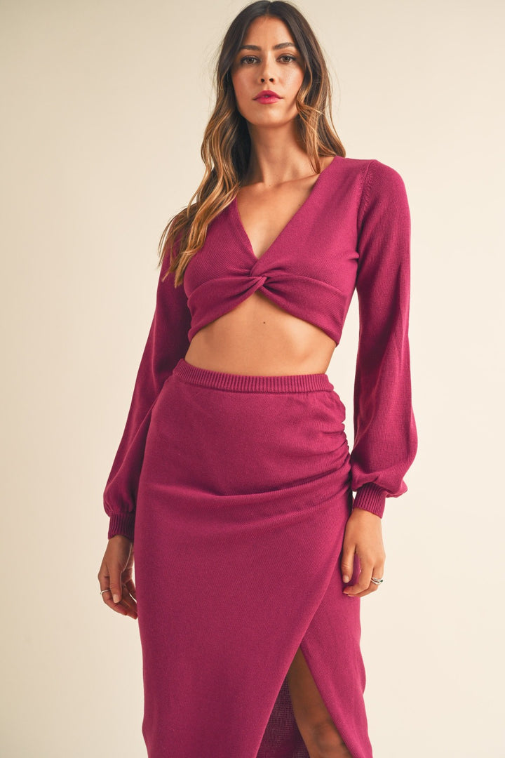 Magenta Mable Front Twisted Knit Top And Midi Skirt Set