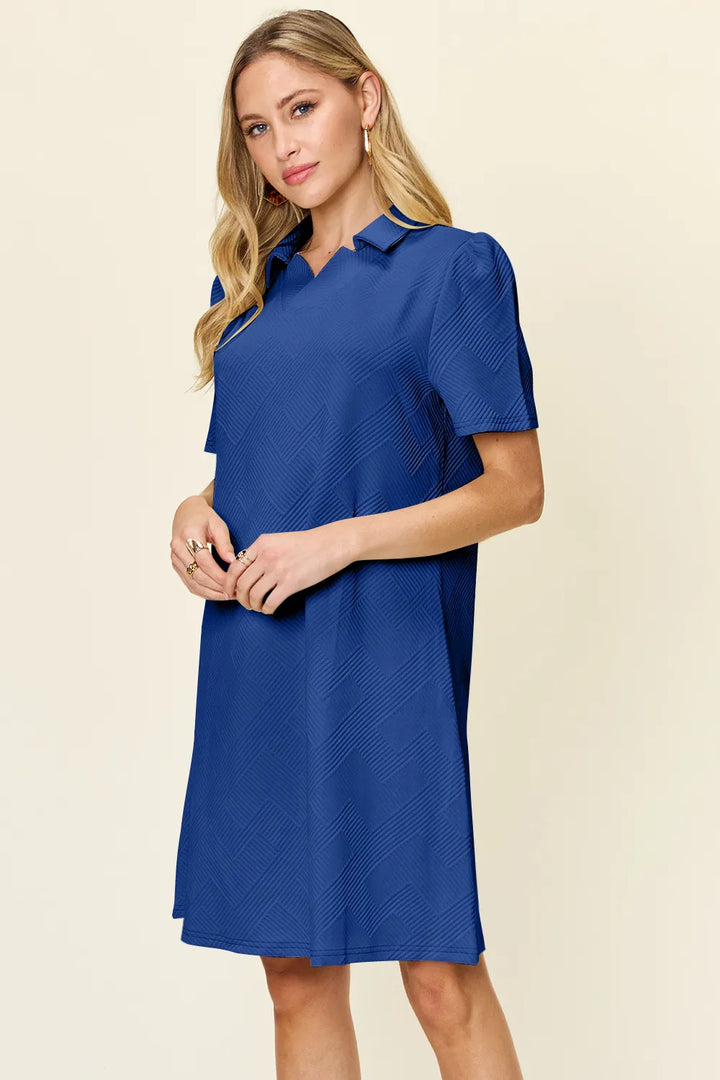 Double Take Full Size Texture Collared Neck Short Sleeve Dress 1