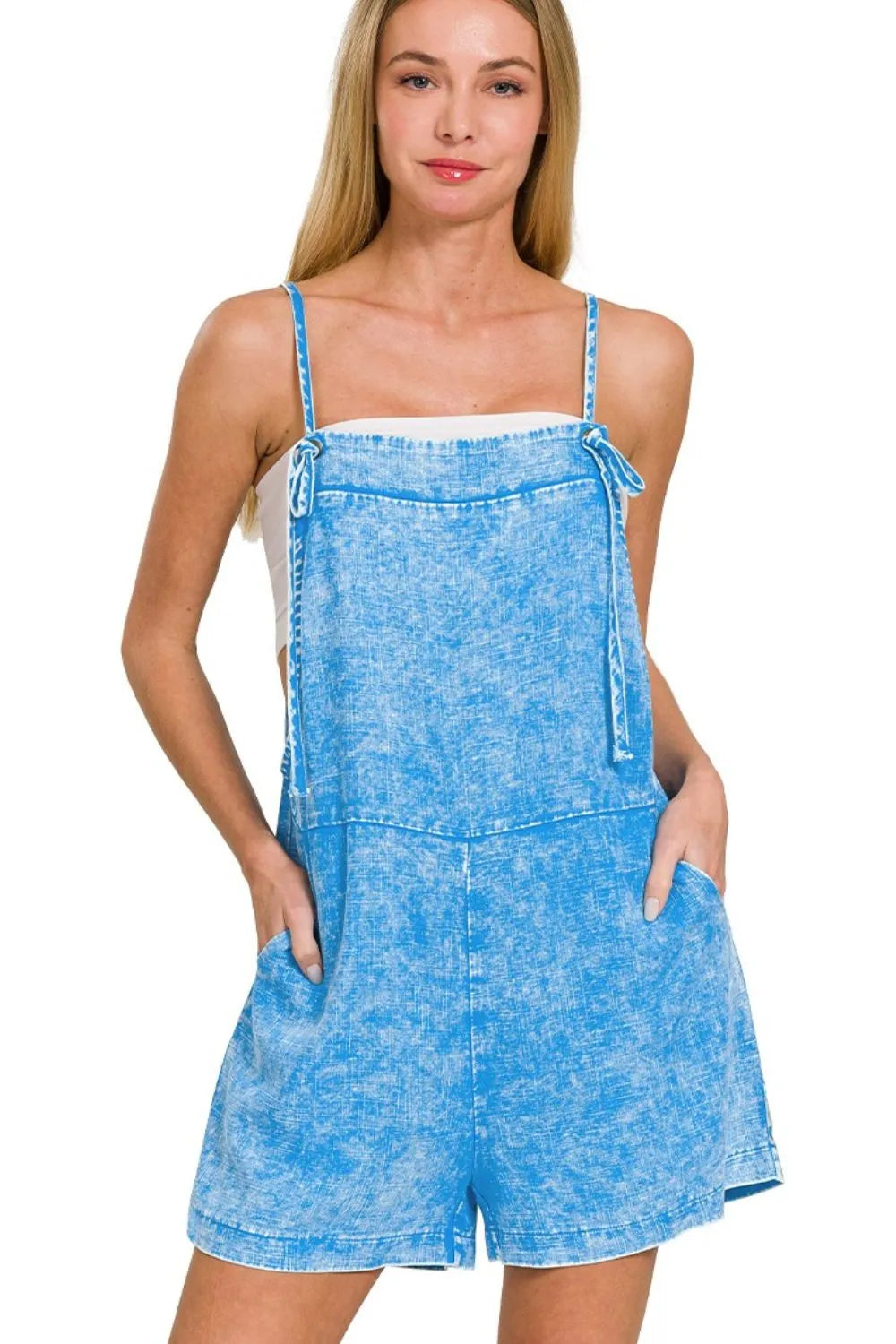 Deep Sky Zenana Washed Linen Knot Strap Rompers