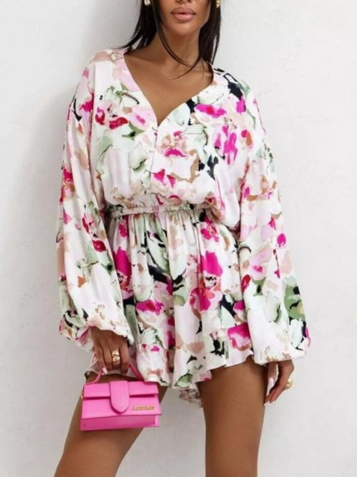 Blue Floral V Neck Long Sleeve Romper With Elastic Waist