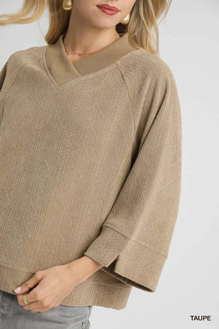 Umgee Textured Knit V Neck Top