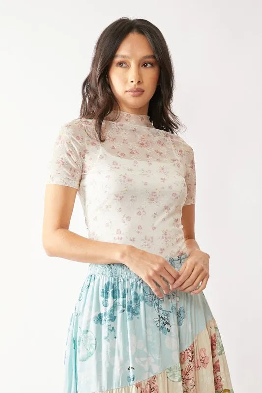 Indian Pink Davi Dani Floral Mesh Mock Neck Short Sleeve Top