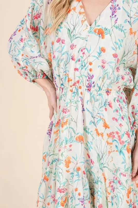 Ivory Floral Lime N Chili Floral Cinched Waist Balloon Sleeve V Neck Dress