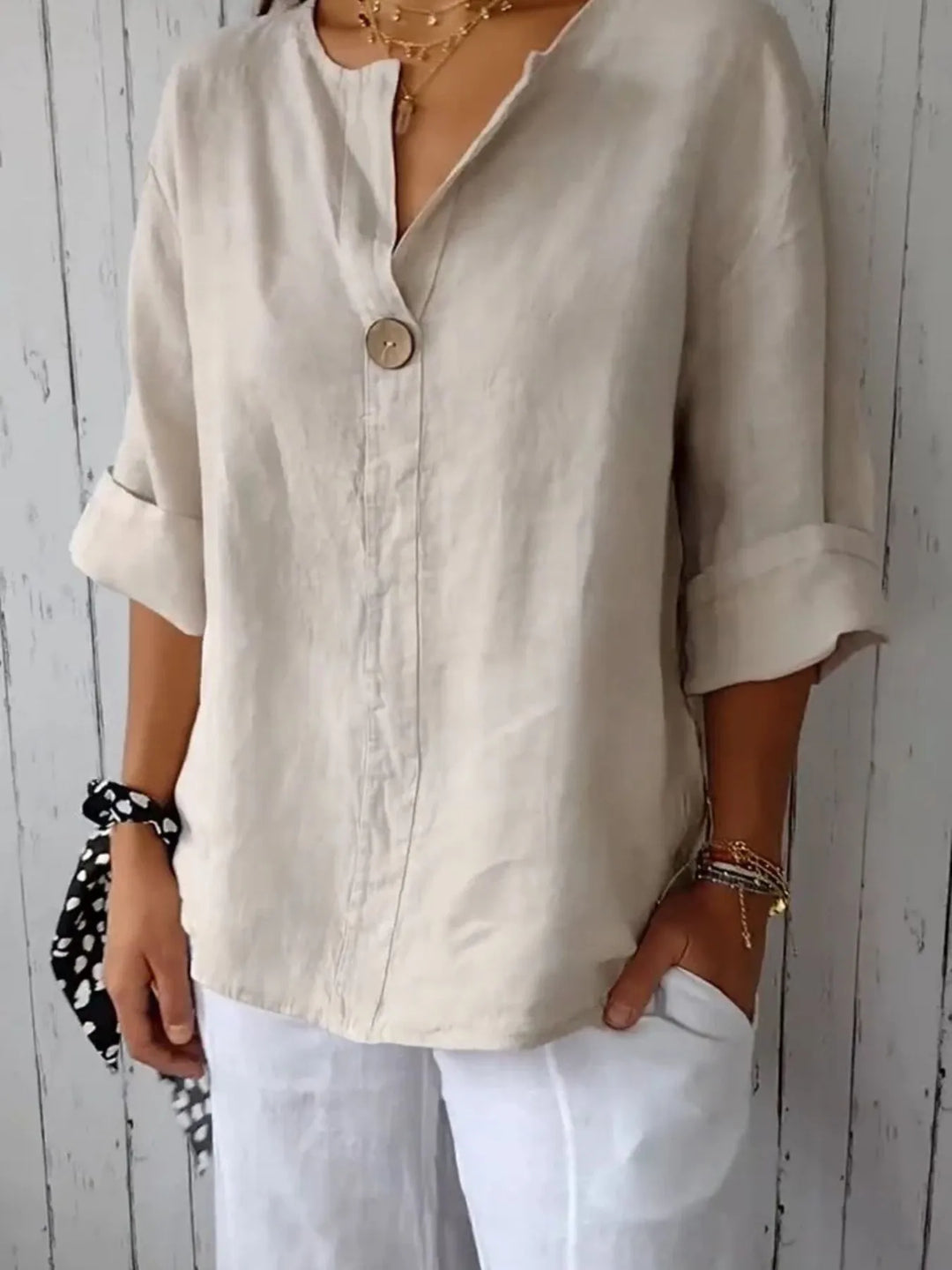 Apricot Full Size Linen Blend Notched Blouse Plus Size
