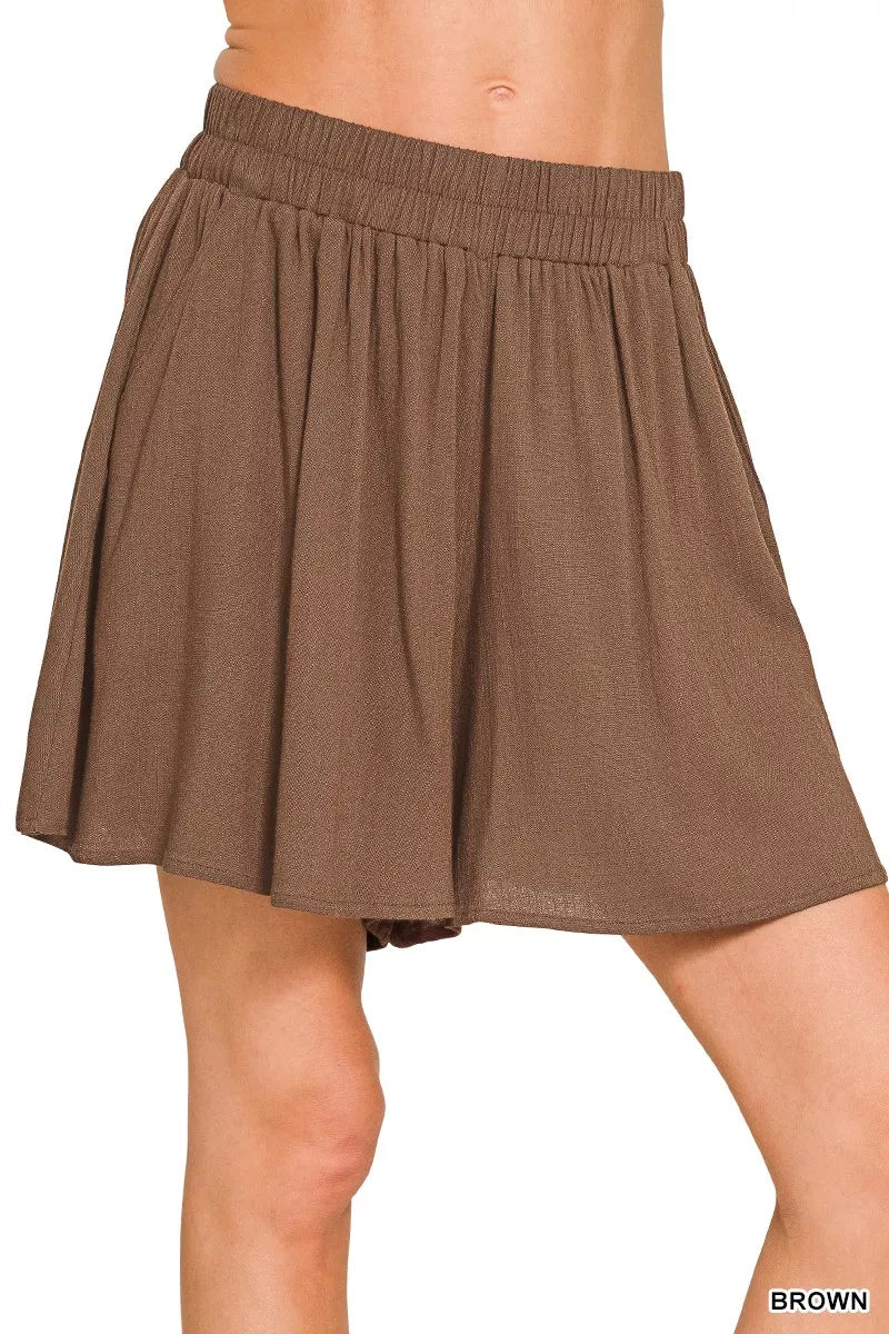 Brown Zenana Woven Elastic Band Shorts With Pocket 2