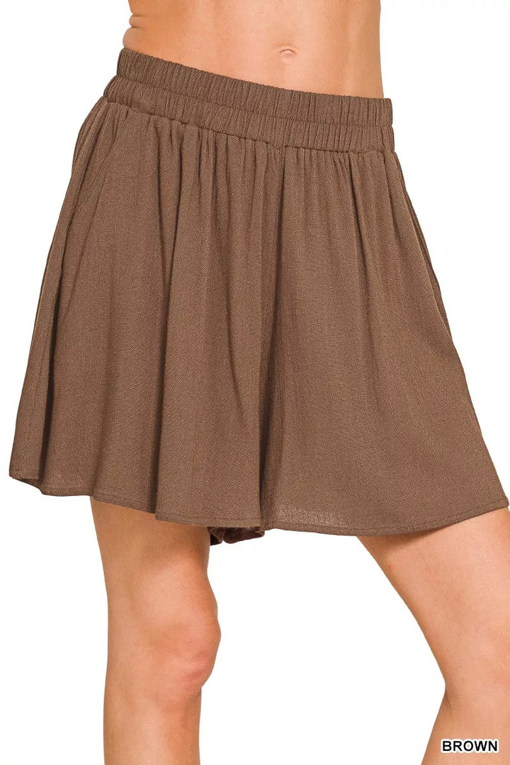 Brown Zenana Woven Elastic Band Shorts With Pocket 2
