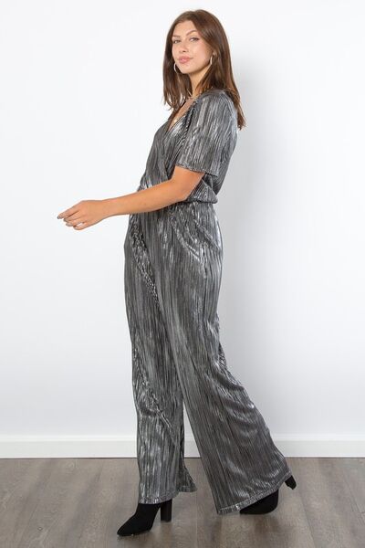 Silver Be Stage Surplice Short Sleeve Pleated Foil Jumpsuit 1