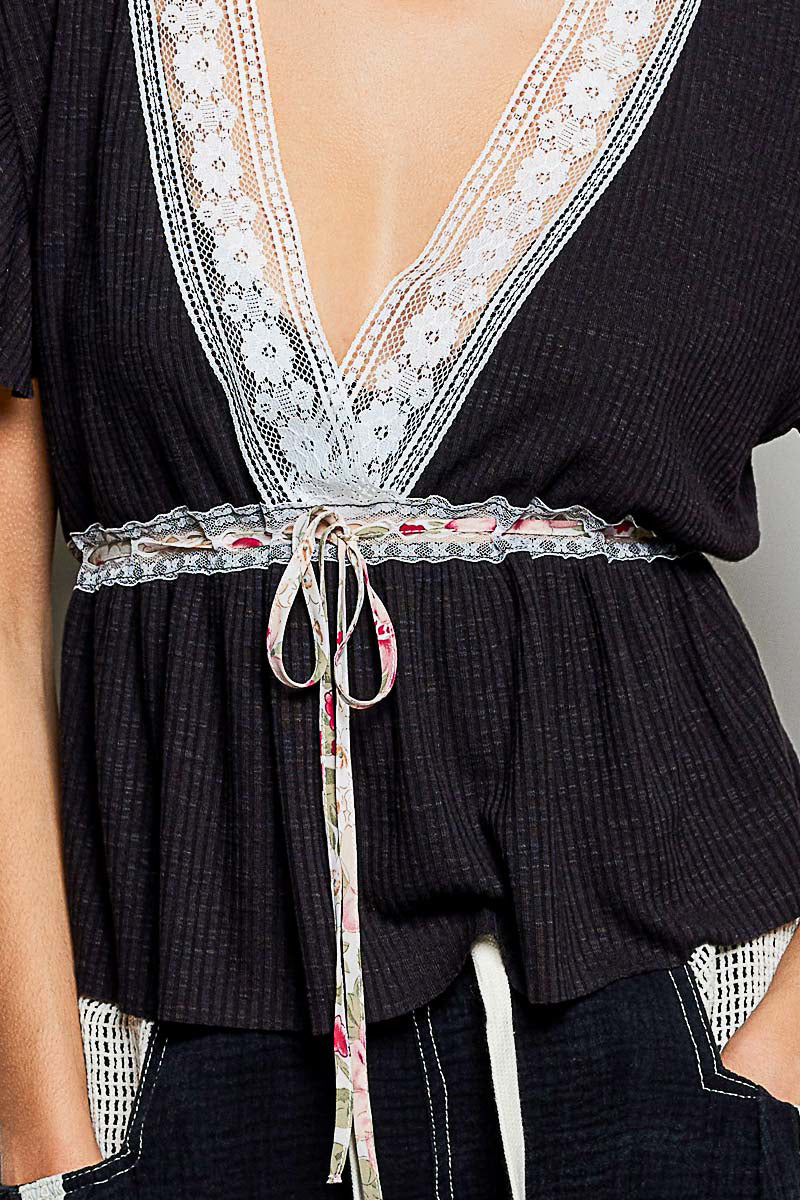 Pol Tied Ruffled V Neck Short Sleeve Blouse With Lace Detail