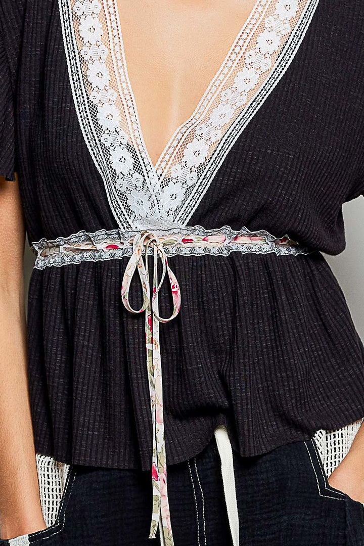 Pol Tied Ruffled V Neck Short Sleeve Blouse With Lace Detail