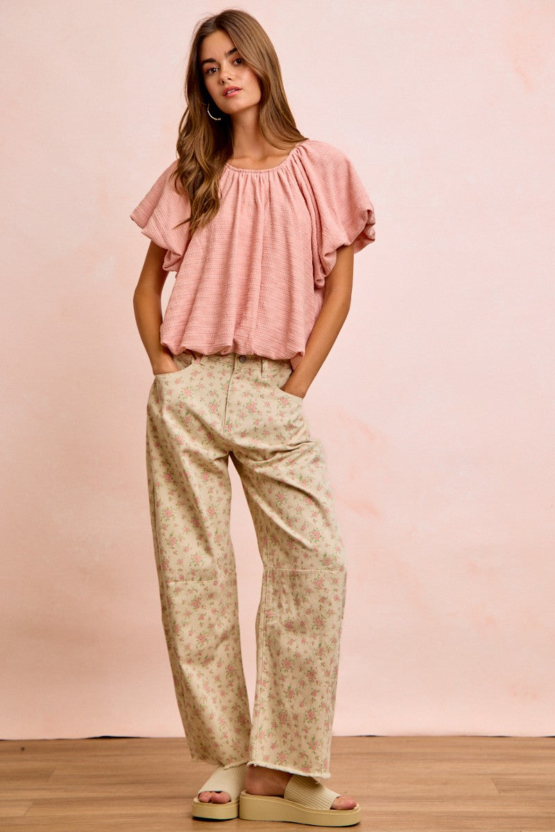 Bibi Stripes Textured Shirred Neckline Bubble Hem Top