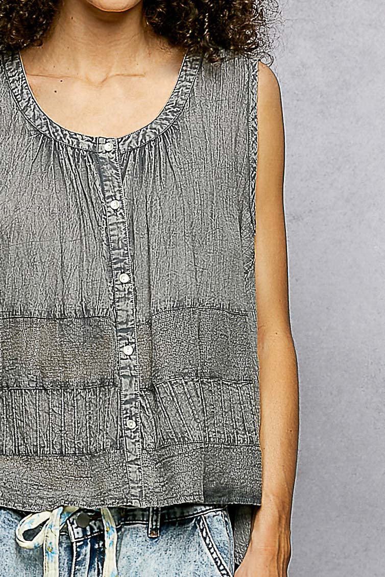 Pol Button Down Round Neck Tank With Crochet Contrast