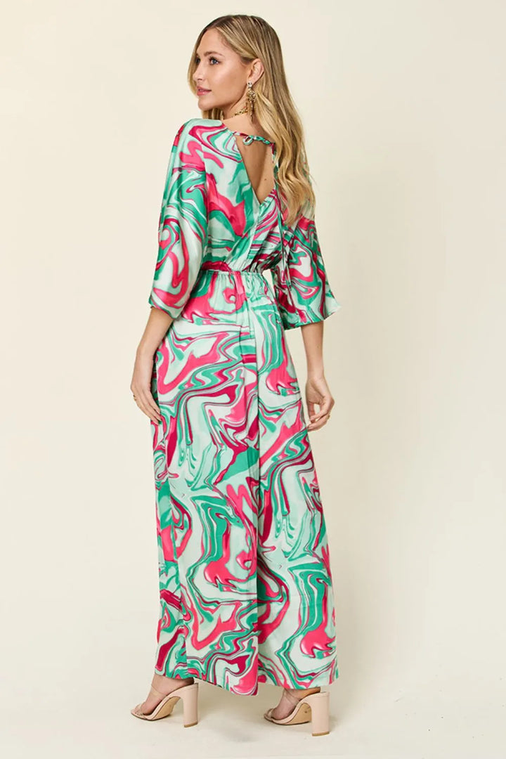 Green Double Take Full Size Half Sleeve Wide Leg Jumpsuit