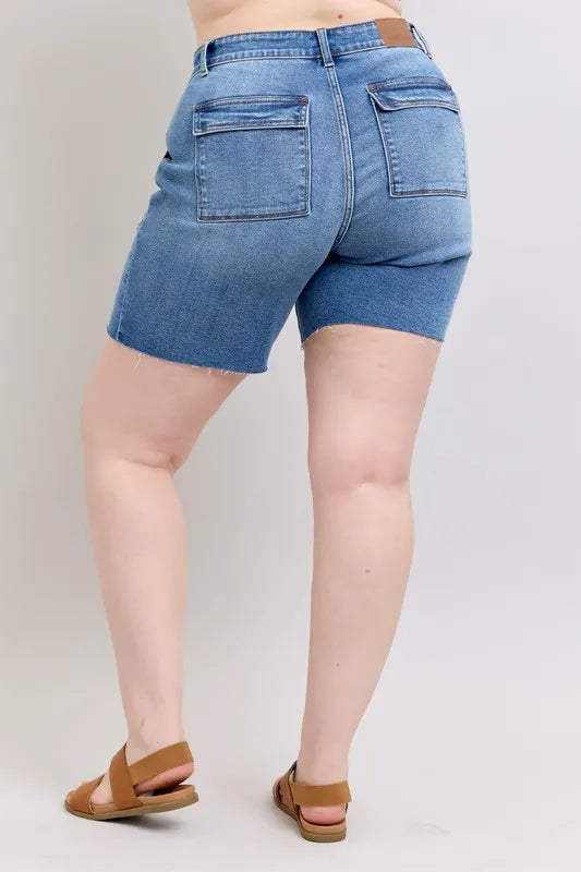 Judy Blue Full Size Mid Rise Bermudas Denim Shorts W Back Flap Pockets Plus Size
