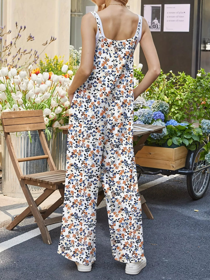 Yellow Full Size Floral Print Wide Leg Casual Jumpsuit Plus Size