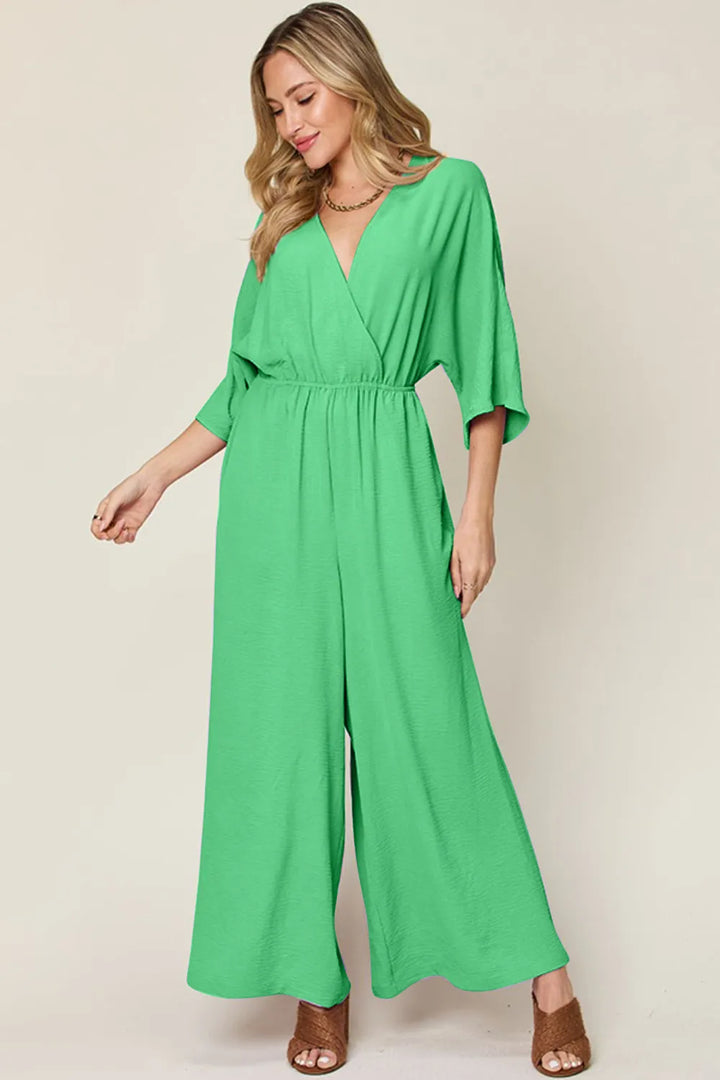 Lavender Double Take Full Size Surplice Wide Leg Jumpsuit With Pockets