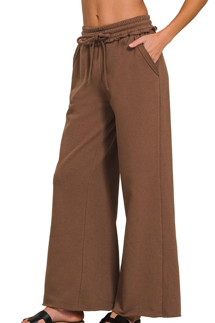 Brown Zenana Fleece Exposed Seam Wide Leg Sweatpants