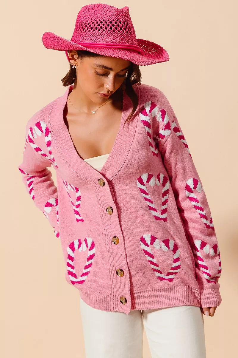 So Me Christmas Candy Cane Button Front Sweater Cardigan