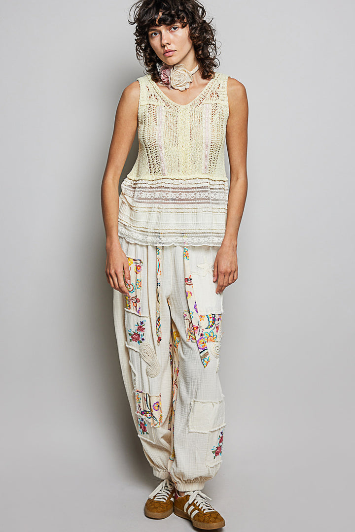 Pol V Neck Crochet Sweater Vest With Lace Trim