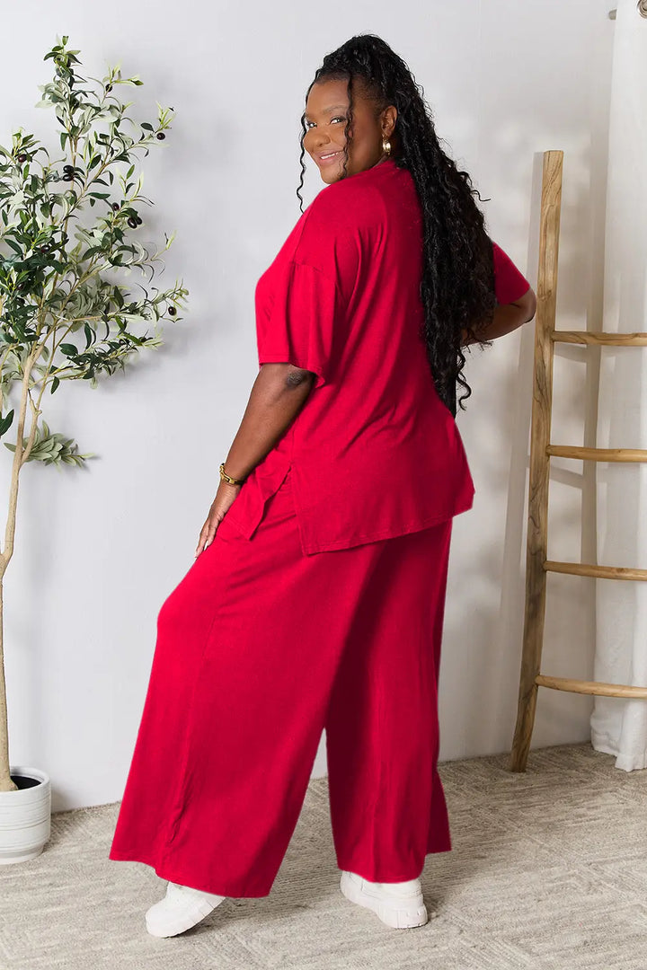 Red Double Take Full Size Round Neck Slit Top And Pants Set