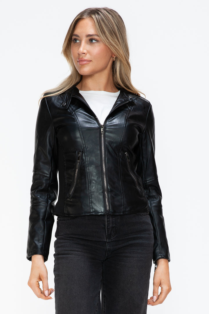 Snobbish Faux Leather Zip Up Drawstring Hooded Jacket 1