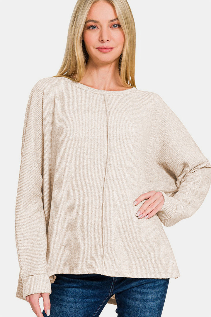 Sand Beige Zenana High Low Side Slit Round Neck T Shirt