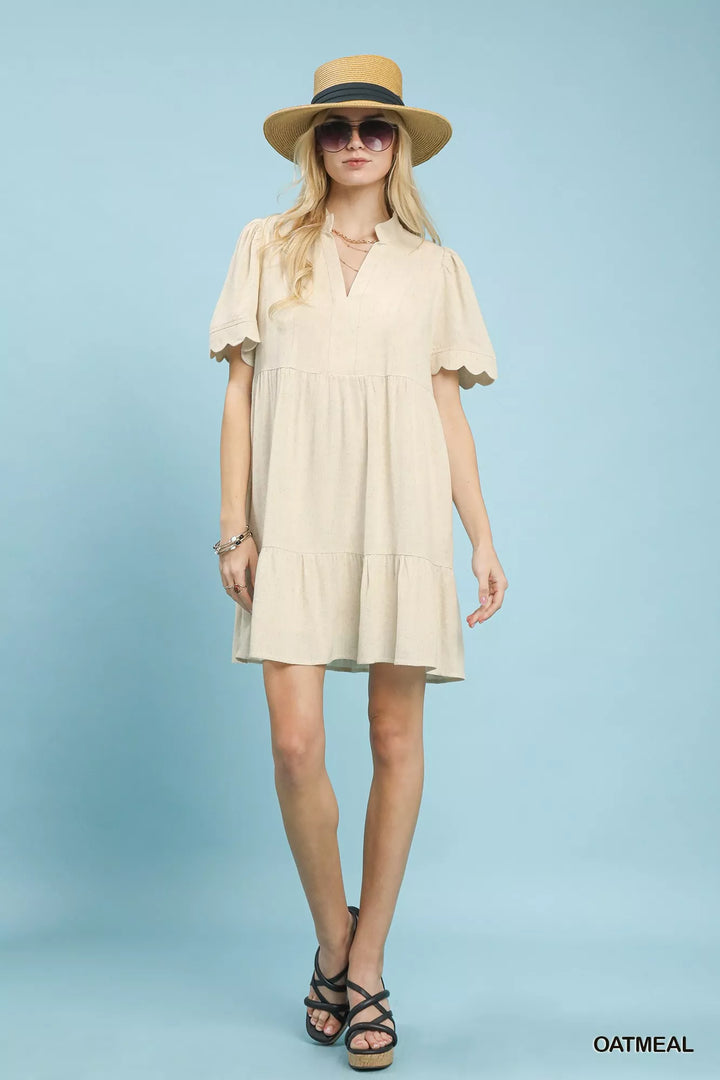 Umgee Linen Tiered Babydoll Dress With Scalloped Sleeves 2
