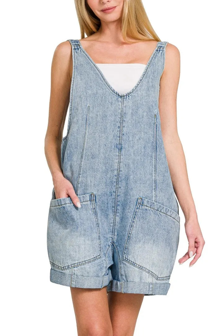 Zenana Denim Short Overalls With Pockets